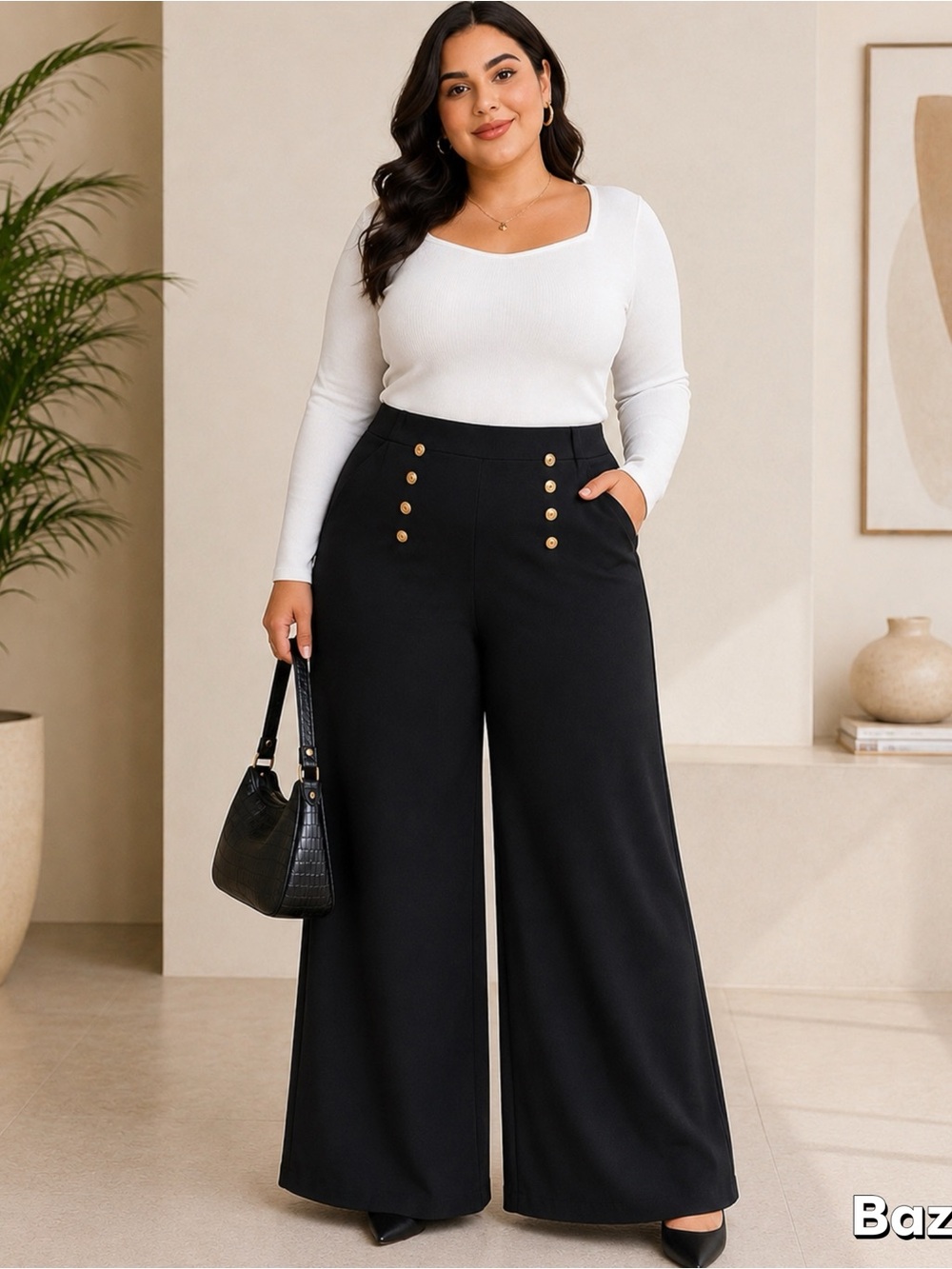 Sz XL Black Stretch Palazzo Sailor Pants Soft Gold Buttons New